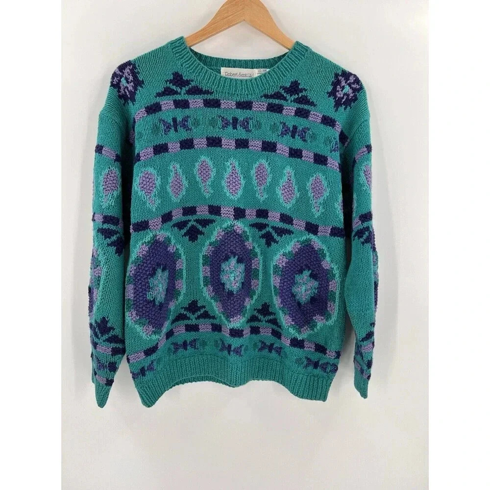 Robert Scott Ltd Women's Pullover Knit Sweater Blue Paisley MEDIUM Hand Knitted